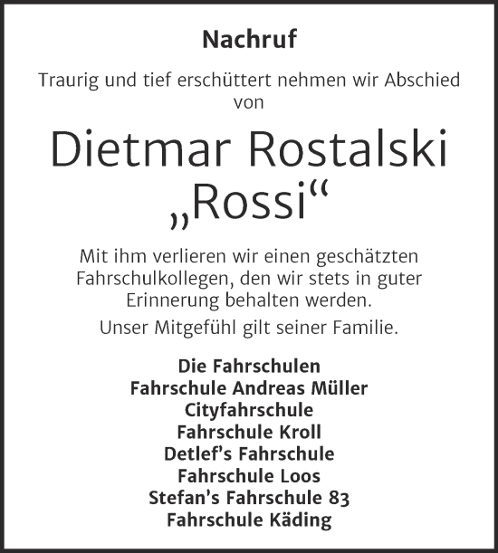 Traueranzeige von Dietmar Rostalski von Super Sonntag Bernburg