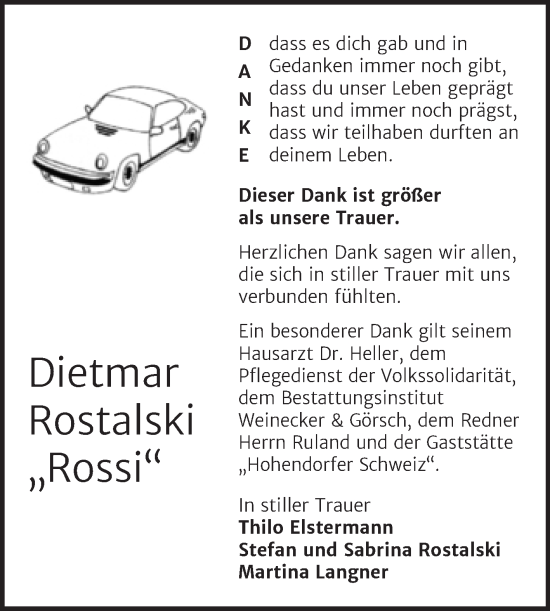 Traueranzeige von Dietmar Rostalski von Trauerkombi Bernburg