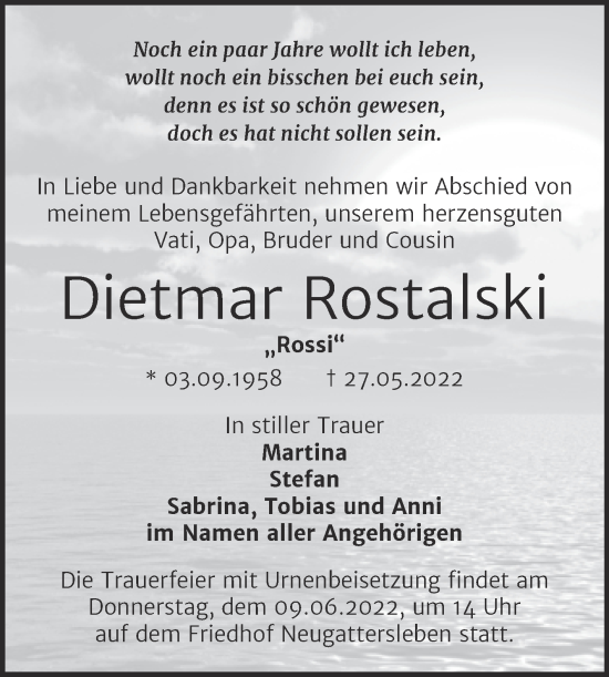 Traueranzeige von Dietmar Rostalski von Trauerkombi Bernburg