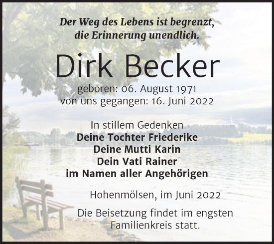 Traueranzeige von Dirk Becker von Trauerkombi Weißenfels