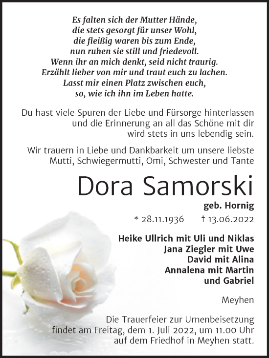 Traueranzeige von Dora Samorski von Wochenspiegel Naumburg/Nebra