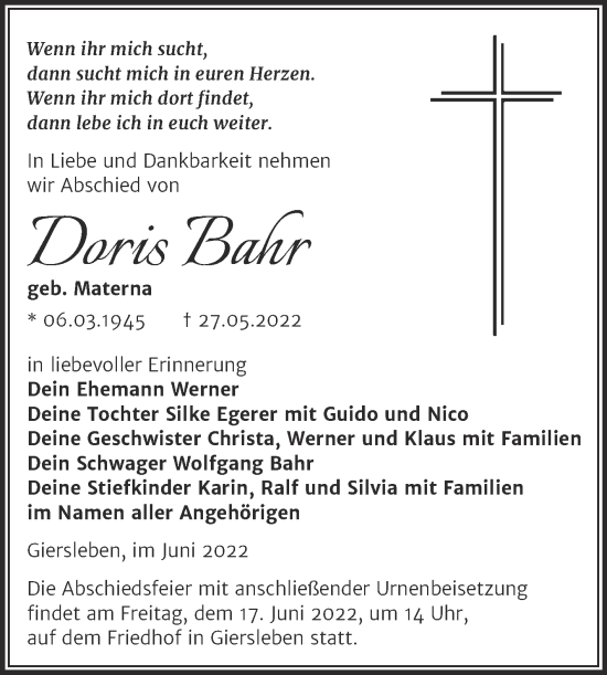 Traueranzeige von Doris Bahr von Trauerkombi Aschersleben