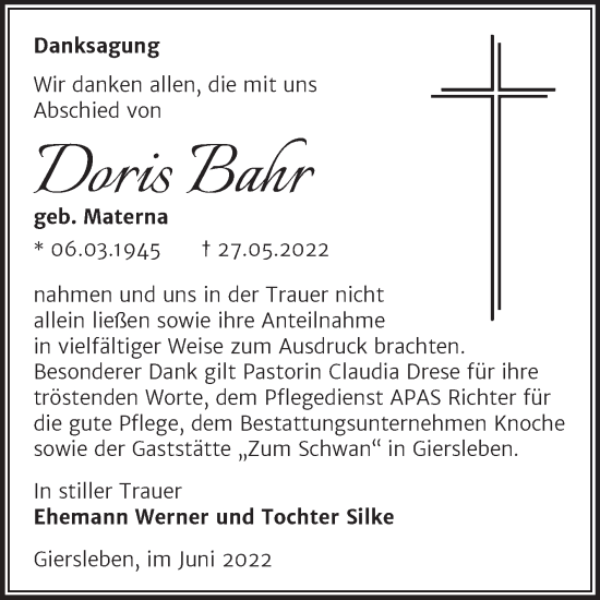 Traueranzeige von Doris Bahr von Trauerkombi Aschersleben
