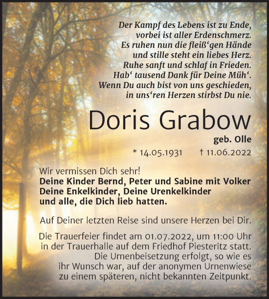 Traueranzeige von Doris Grabow von Trauerkombi Wittenberg