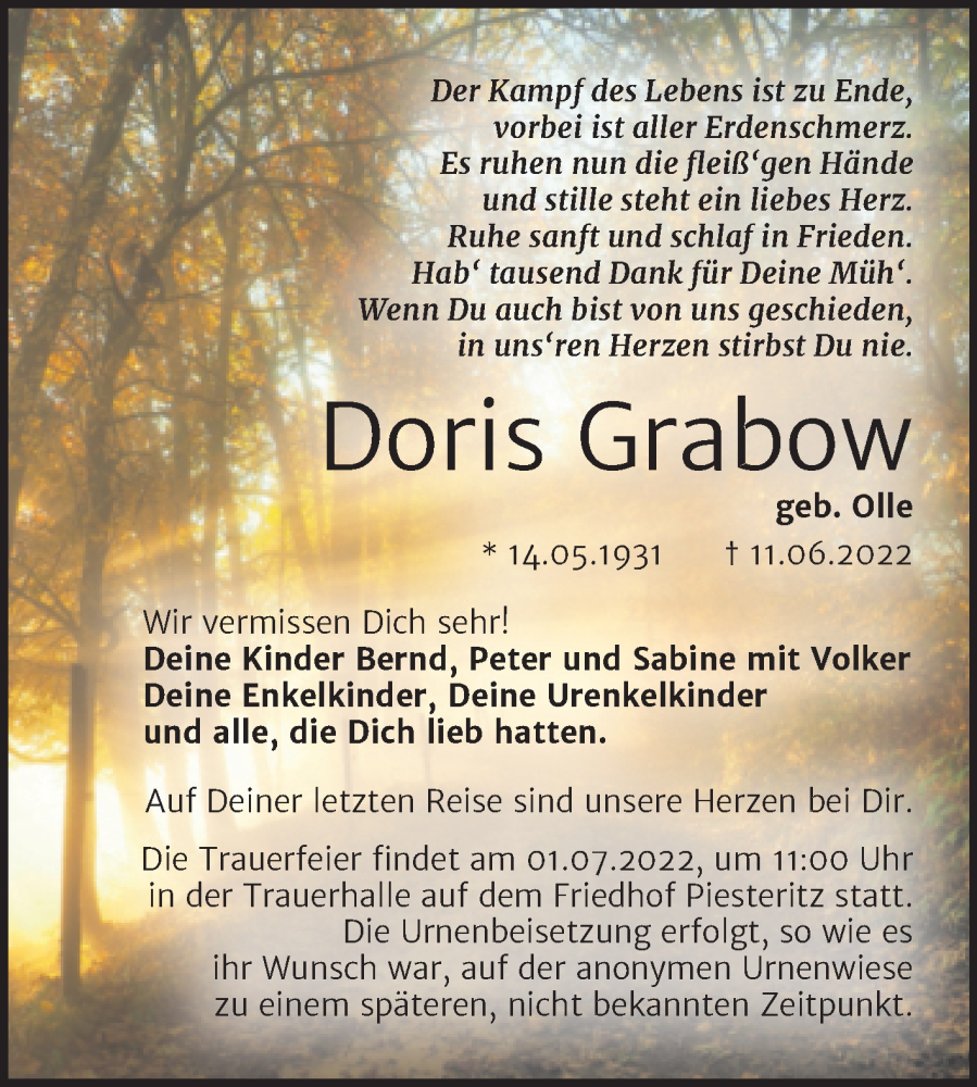  Traueranzeige für Doris Grabow vom 25.06.2022 aus Trauerkombi Wittenberg