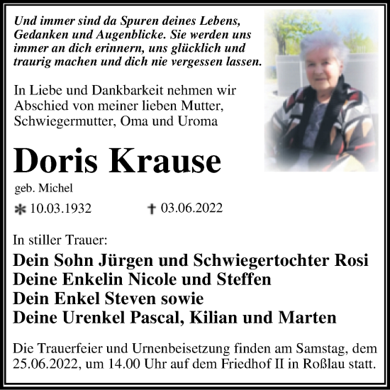 Traueranzeige von Doris Krause von Trauerkombi Dessau