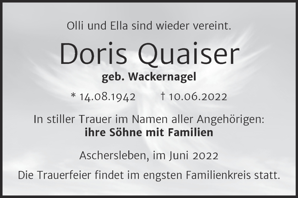  Traueranzeige für Doris Quaiser vom 18.06.2022 aus Trauerkombi Aschersleben