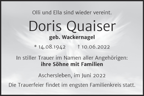 Traueranzeige von Doris Quaiser von Trauerkombi Aschersleben
