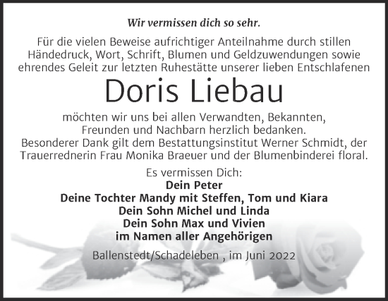 Traueranzeige von Doris Siebau von Trauerkombi Quedlinburg
