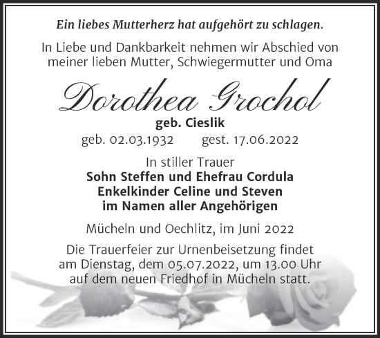 Traueranzeige von Dorothea Grochol von Trauerkombi Merseburg