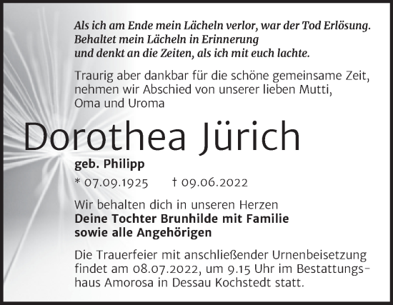 Traueranzeige von Dorothea Jürich von Trauerkombi Dessau