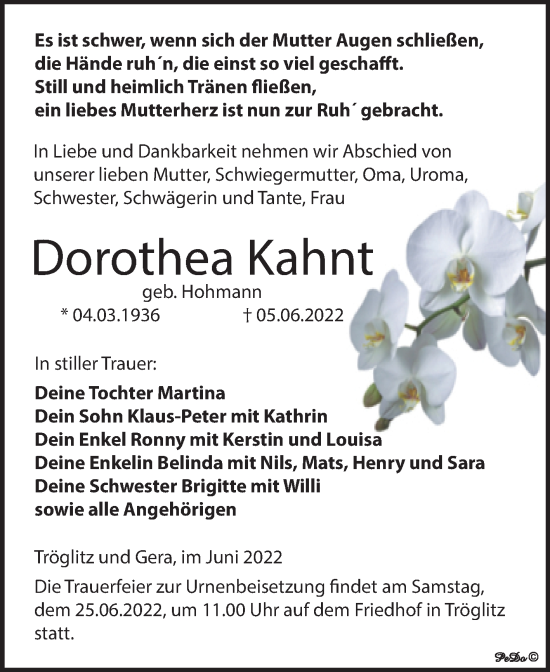 Traueranzeige von Dorothea Kahnt von Trauerkombi Zeitz