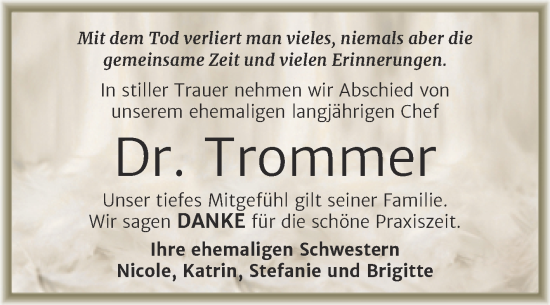 Traueranzeige von Dr. Trommer  von Trauerkombi Merseburg
