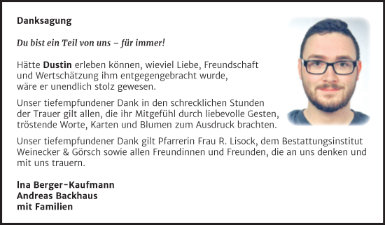 Traueranzeige von Dustin  von Trauerkombi Bernburg