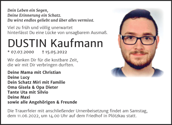 Traueranzeige von Dustin Kaufmann von Trauerkombi Bernburg