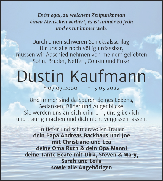 Traueranzeige von Dustin Kaufmann von Trauerkombi Bernburg