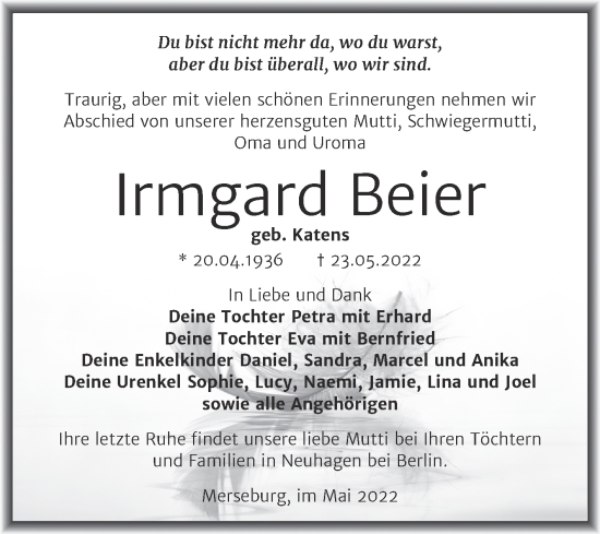 Traueranzeige von Irmgard Beier von Trauerkombi Merseburg