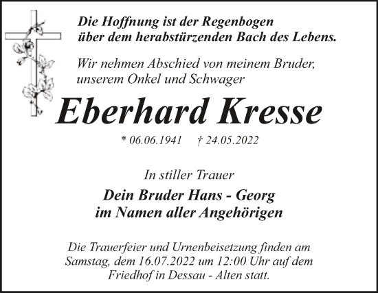 Traueranzeige von Eberhard Kresse von Trauerkombi Dessau