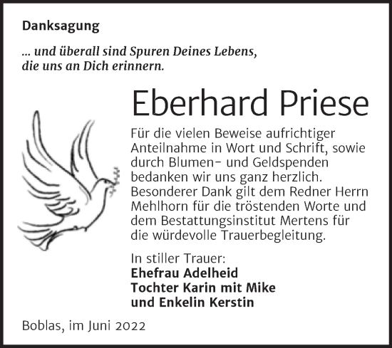 Traueranzeige von Eberhard Priese von Wochenspiegel Naumburg/Nebra