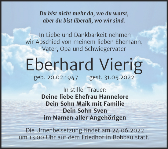 Traueranzeige von Eberhard Vierig von Trauerkombi Bitterfeld