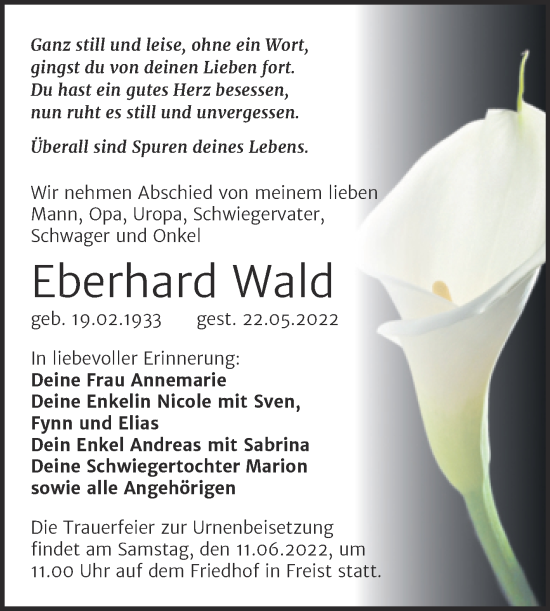 Traueranzeige von Eberhard Wald von Trauerkombi Mansfelder Land