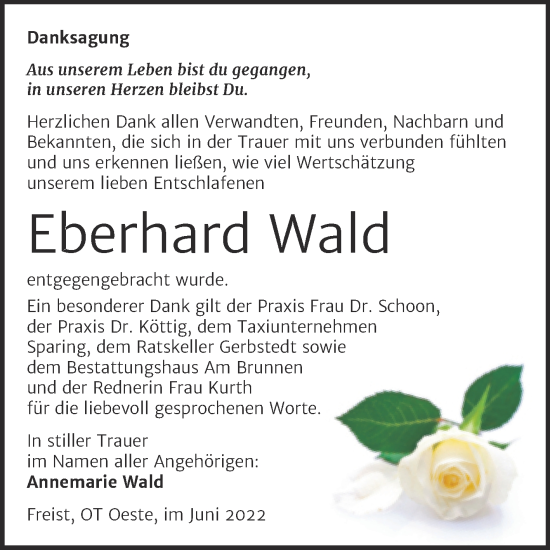 Traueranzeige von Eberhard Wald von Trauerkombi Mansfelder Land