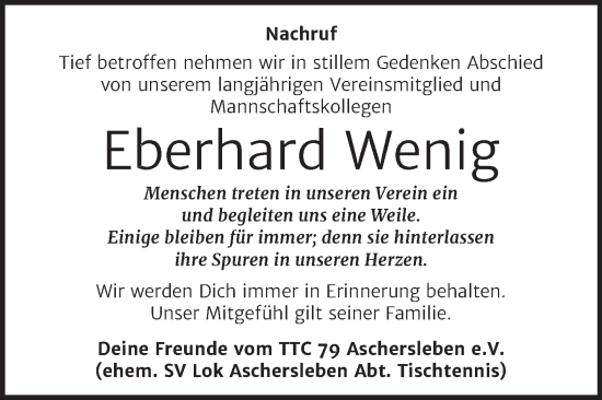 Traueranzeige von Eberhard Wenig von Trauerkombi Aschersleben