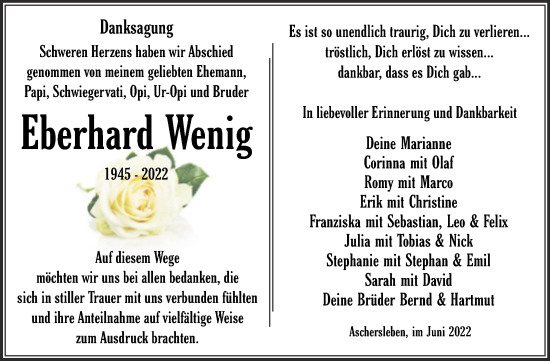 Traueranzeige von Eberhard Wenig von Trauerkombi Aschersleben