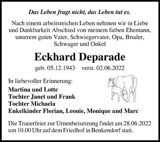 Traueranzeige von Eckhard Deparade von Trauerkombi Mansfelder Land