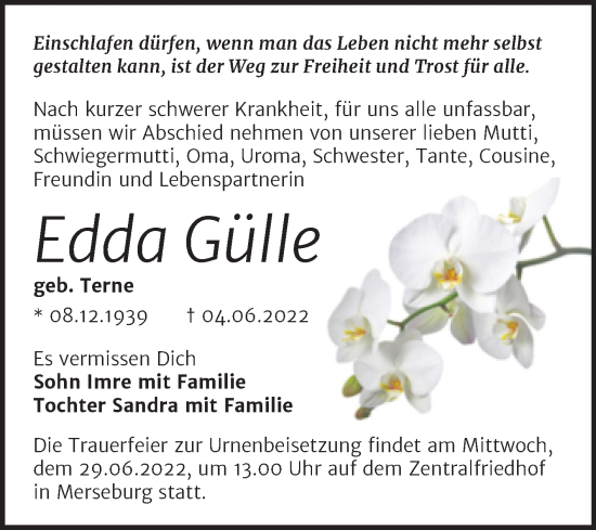 Traueranzeige von Edda Gülle von Trauerkombi Merseburg
