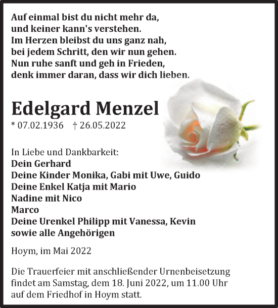Traueranzeige von Edelgard Menzel von Trauerkombi Aschersleben