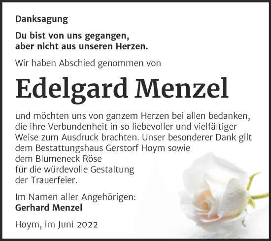 Traueranzeige von Edelgard Menzel von Trauerkombi Aschersleben