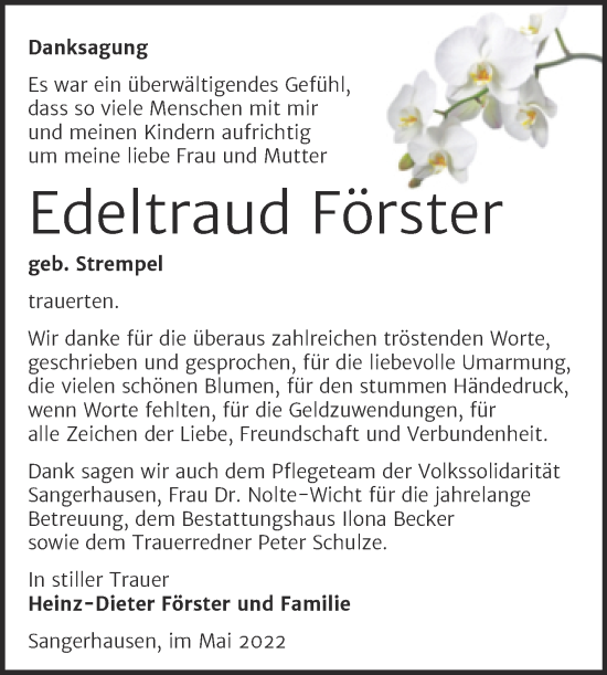 Traueranzeige von Edeltraud Förster von Trauerkombi Sangerhausen