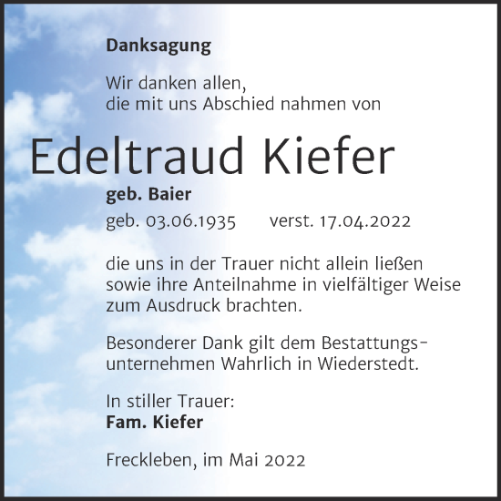 Traueranzeige von Edeltraud Kiefer von Trauerkombi Aschersleben