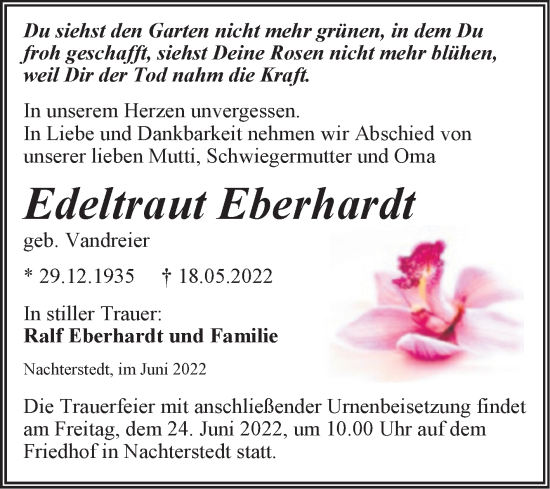 Traueranzeige von Edeltraut Eberhardt von Trauerkombi Aschersleben
