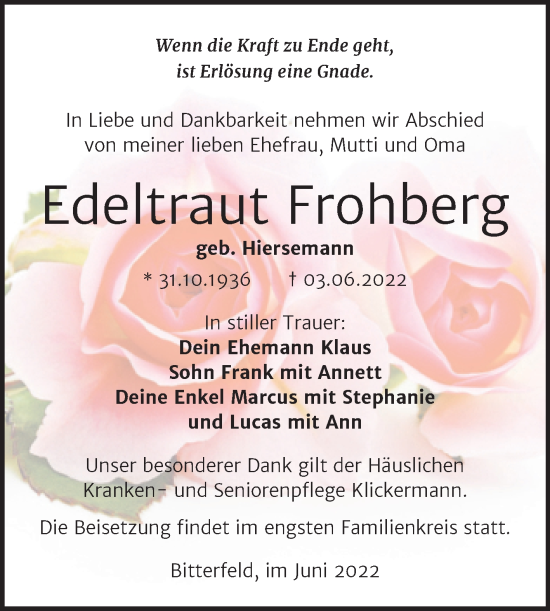Traueranzeige von Edeltraut Frohberg von Trauerkombi Bitterfeld