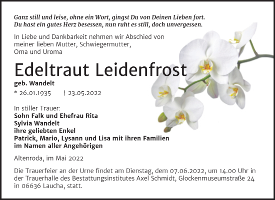 Traueranzeige von Edeltraut Leidenfrost von Wochenspiegel Naumburg/Nebra