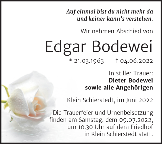 Traueranzeige von Edgar Bodewei von Trauerkombi Aschersleben