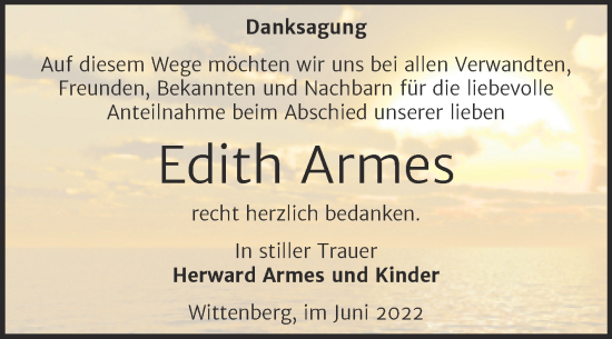 Traueranzeige von Edith Armes von Trauerkombi Wittenberg