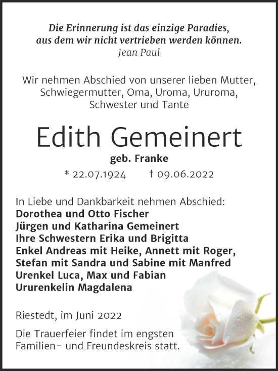 Traueranzeige von Edith Gemeinert von Trauerkombi Sangerhausen