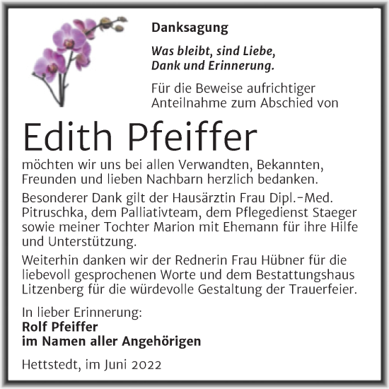 Traueranzeige von Edith Pfeiffer von Trauerkombi Mansfelder Land