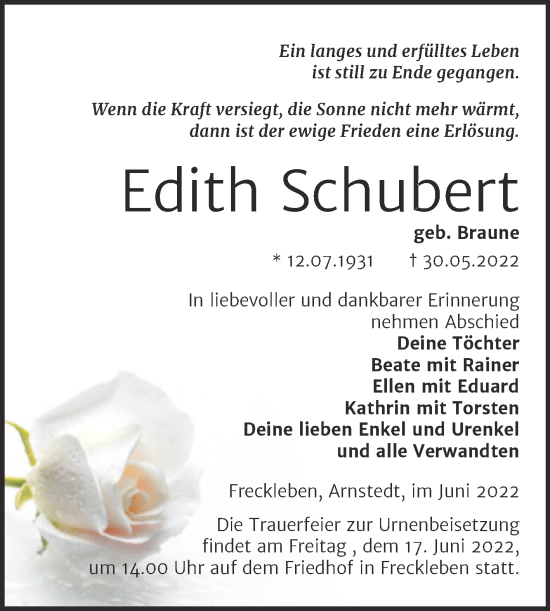 Traueranzeige von Edith Schubert von Trauerkombi Aschersleben