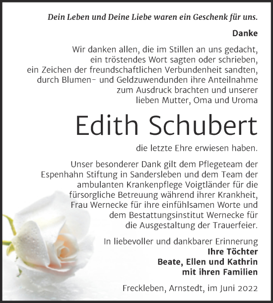 Traueranzeige von Edith Schubert von Trauerkombi Aschersleben