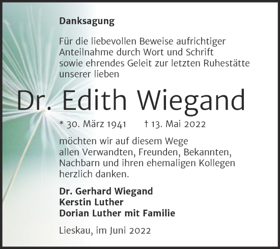 Traueranzeige von Edith Wiegand von Mitteldeutsche Zeitung Halle/Saalkreis