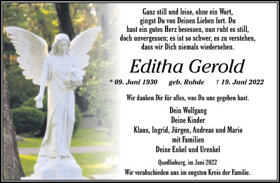 Traueranzeige von Editha Gerold von Trauerkombi Quedlinburg