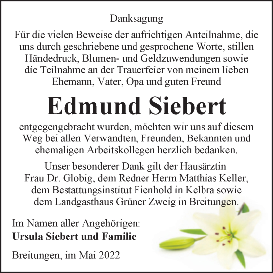 Traueranzeige von Edmund Siebert von Trauerkombi Sangerhausen