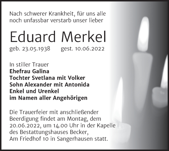 Traueranzeige von Eduard Merkel von Trauerkombi Sangerhausen