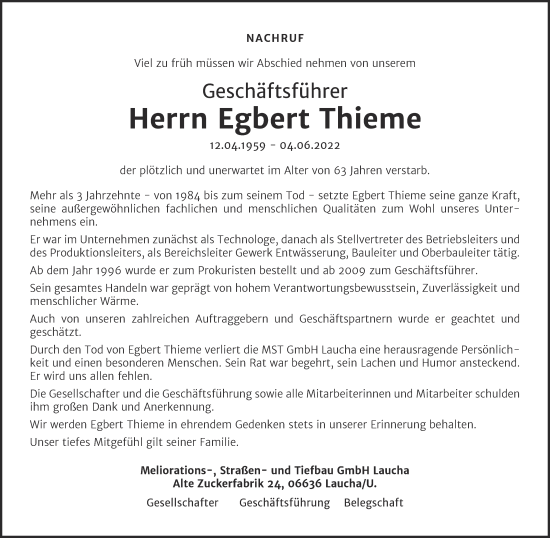 Traueranzeige von Egbert Thieme von Naumburger Tageblatt
