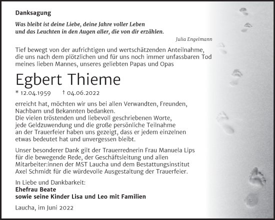 Traueranzeige von Egbert Thieme von Wochenspiegel Naumburg/Nebra