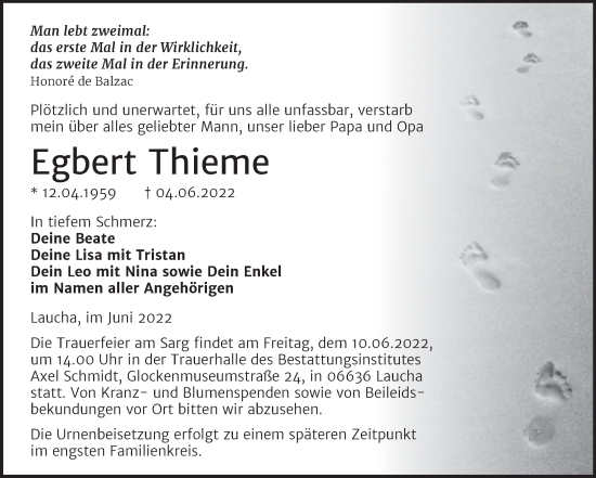Traueranzeige von Egbert Thieme von Naumburger Tageblatt
